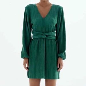 Zara Pleated Knotted Puff Sleeve‎ Emerald Green Dress